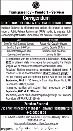Pakistan Railways Lahore Tender Notice